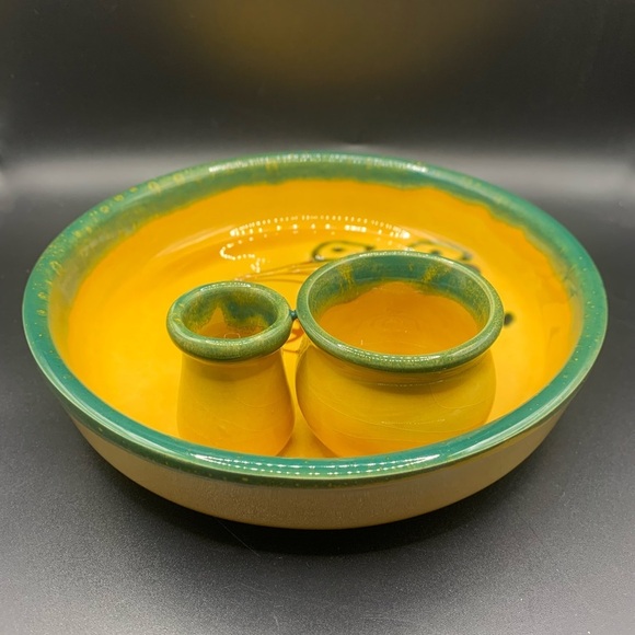 French Olive Dish W/Toothpick & Pit Bowls Gold & Green 7” Diameter - Picture 6 of 16